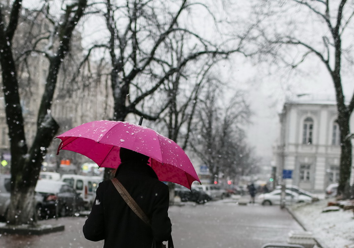 A woman holds an umbrella as she walks along a street during a snowfall in central Kiev, Ukraine, December 1, 2015. REUTERS/Gleb Garanich